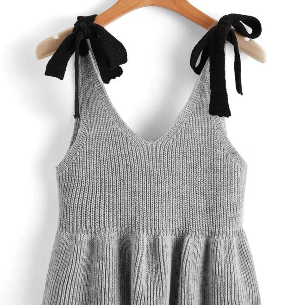 Gray Knit Dress with Black Bow Straps